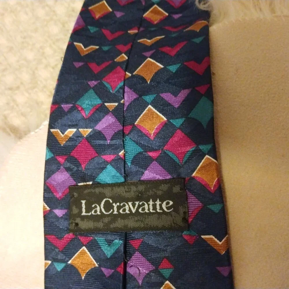 Vintage 90s LaCravatte Wide Silk Neck Tie 56” Retro Y2K Geometric Jewel Tone